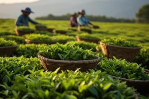 AI generated Freshly picked tea leaves in a wicker basket at a tea plantation. Generated by artificial intelligence photo