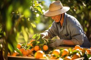 ai generado un mayor asiático hombre en un rebosante sombrero cosechas naranjas en un plantación. generado por artificial inteligencia foto