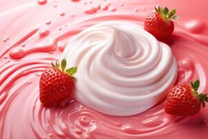 AI generated Ripe strawberries with cream, yogurt, top view. Generated by artificial intelligence photo