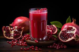 AI generated A glass of pomegranate juice with pomegranate berries scattered nearby. Generated by artificial intelligence photo