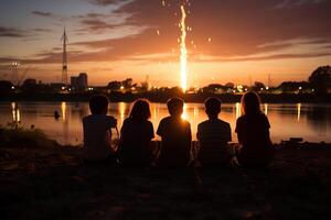 AI generated Children sit by the water and look at the sparks in the sky. Generated by artificial intelligence photo