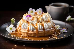 ai generado caramelo tarta con quemado merengue en parte superior en un oscuro antecedentes. restaurante comida concepto. generado por artificial inteligencia foto