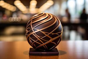 ai generado chocolate postre en el formar de un esfera con oro decoración en un de madera pararse. generado por artificial inteligencia foto