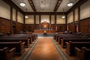 AI generated Image of an empty courtroom with wooden benches. Generated by artificial intelligence photo