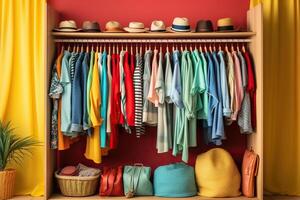 AI generated Women's wardrobe with bright clothes and hats. Generated by artificial intelligence photo