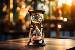 ai generado elegante reloj de arena en un de madera superficie con dorado bokeh antecedentes. generado por artificial inteligencia foto