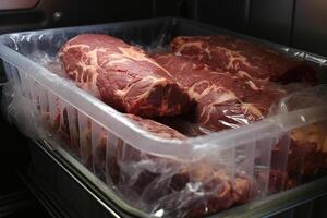 AI generated Pieces of meat packaged for freezing in the freezer. Frozen food. Generated by artificial intelligence photo