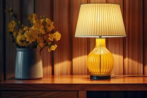 AI generated Yellow table lamp on a wooden surface with a bouquet of yellow flowers, cozy warm light. Generated by artificial intelligence photo