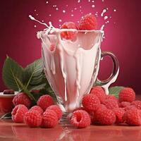 AI generated Tall glass with raspberry yoghurt and fresh raspberries. Generated by artificial intelligence photo