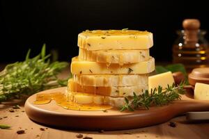 AI generated Cheese with honey and rosemary on a wooden table. Generated by artificial intelligence photo