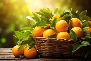 AI generated Harvest ripe oranges in a wicker basket on a wooden table with natural bokeh background. Citrus harvest. Generated by artificial intelligence photo