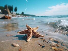 AI generated Starfish on the beach in the spray of sea waves. Generated by artificial intelligence photo