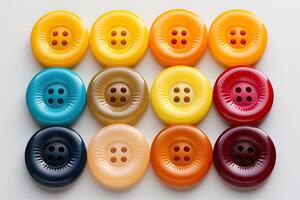 AI generated Collection of plastic multi-colored buttons for sewing on a white background. Generated by artificial intelligence photo