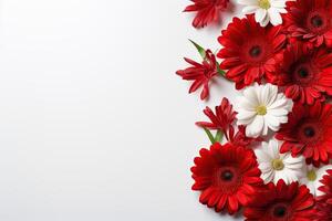 AI generated White background with red beautiful flowers on the left and space for text. Generated by artificial intelligence photo