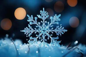 AI generated Beautiful crystal snowflake on the snow. Winter background. Generated by artificial intelligence photo