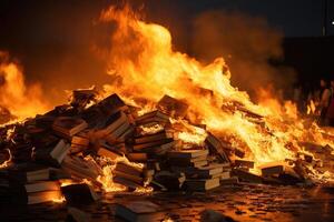 AI generated A large pile of books burns with a bright flame. Social problems concept. Generated by artificial intelligence photo