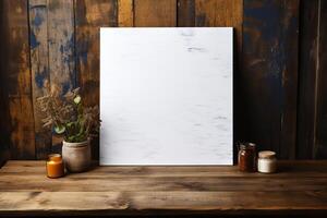 AI generated White canvas on a shabby wooden background. Generated by artificial intelligence photo