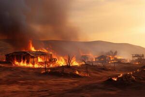 AI generated Fire in a desert settlement. Burning buildings of nomads. Generated by artificial intelligence photo