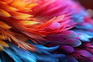 AI generated Abstract background with bright colored feathers of birds, screensaver, wallpaper for gadget. Generated by artificial intelligence photo
