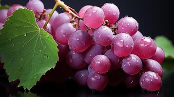 AI generated A bunch of large red grapes with leaves and water drops on a dark background. Generated by artificial intelligence photo