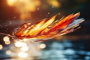 AI generated Bird feather illuminated by the sun over water with bokeh background. Motion photography. Generated by artificial intelligence photo