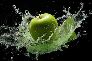 AI generated Ripe green apple with a splash of water isolated on a black background. Generated by artificial intelligence photo