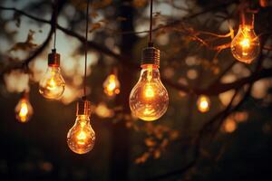 AI generated A garland of light bulbs on tree branches in the evening. Generated by artificial intelligence photo