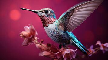 ai generado colibrí pájaro toma apagado en un rosado antecedentes. salvaje naturaleza. generado por artificial inteligencia foto