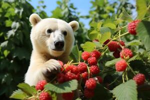 ai generado un polar oso escoge frambuesas desde un arbusto en el bosque. generado por artificial inteligencia foto