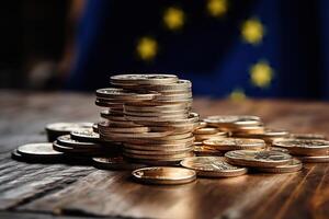 AI generated Stacks of coins on a wooden surface against the background of a blurred EU flag. Generated by artificial intelligence photo