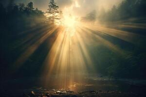 AI generated Bright sun rays shine between the trees in the forest. Generated by artificial intelligence photo
