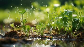 AI generated Green grass on a meadow with drops of water dew in the morning light in spring, summer outdoors. Generated by artificial intelligence photo