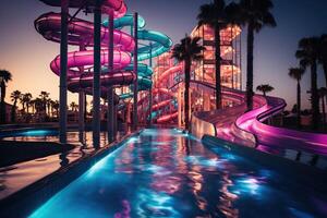 AI generated Water park in the evening in neon lighting in a luxury hotel with a swimming pool. Generated by artificial intelligence photo