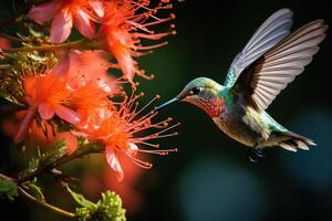 AI generated The hummingbird bird drinks nectar from flowers. Generated by artificial intelligence photo