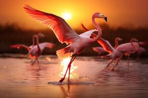 ai generado un rebaño de rosado flamencos moscas terminado el agua. generado por artificial inteligencia foto