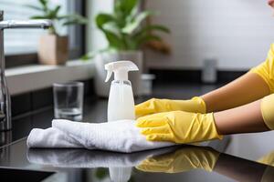 AI generated Hands in yellow household gloves wash the tabletop with a rag. Cleaning concept. Generated by artificial intelligence photo