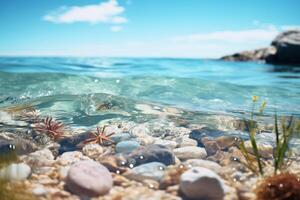 ai generado hermosa mar vista. piedras en claro azul mar agua. generado por artificial inteligencia foto