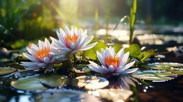 ai generado hermosa flores blanco lirios en el agua. agua lirios en el pantano. generado por artificial inteligencia foto