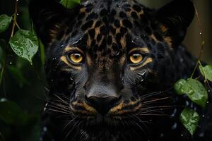 ai generado retrato de un negro pantera, leopardo con amarillo ojos en el selva. generado por artificial inteligencia foto