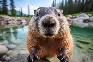 ai generado un curioso marmota mira directamente a el cámara en el montañas. generado por artificial inteligencia foto