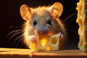 AI generated Little cute mouse eats a big piece of cheese. Generated by artificial intelligence photo