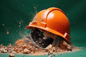 AI generated A whole orange helmet in broken bricks on a green background. Industrial safety concept. Generated by artificial intelligence photo