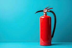 AI generated A red fire extinguisher stands on a blue background, space for text. Generated by artificial intelligence photo