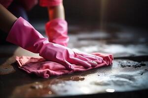 AI generated Hands in pink household gloves with a pink rag do wet cleaning of the surface. Concept of cleaning, housework. Generated by artificial intelligence photo