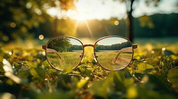 AI generated Glasses lie on green grass in the rays of the sun against a background of natural bokeh. Generated by artificial intelligence photo