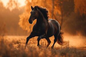 AI generated Stunning rural scene a thoroughbred stallion runs in a meadow at dusk photo