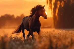 AI generated Thoroughbred stallion runs free in a beautiful rural meadow at sunset photo