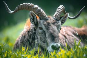 AI generated Majestic gray horned animal grazes peacefully on lush green grass photo