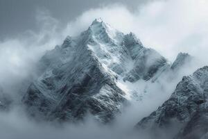 ai generado torre de nieve cubierto picos majestuosamente alcanza para el nublado Cielos foto