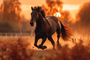 AI generated Thoroughbred stallion runs free in a beautiful rural meadow at sunset photo